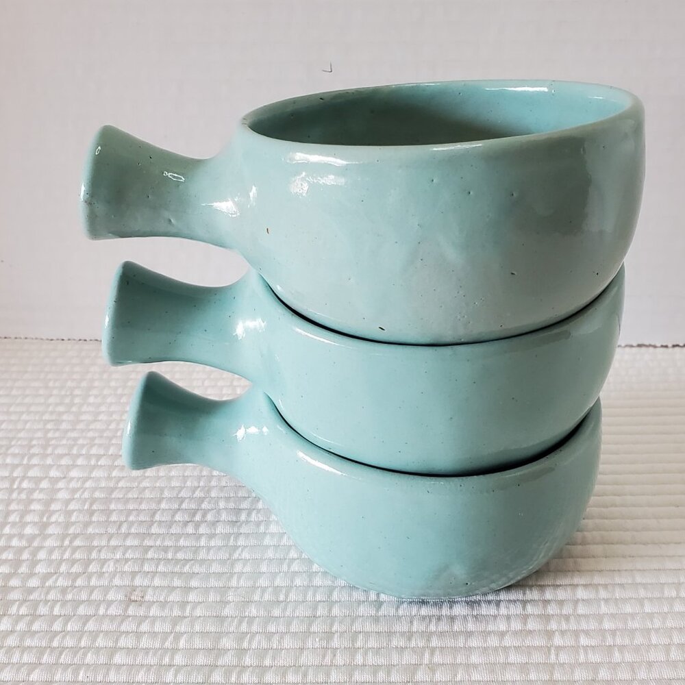 3 French Onion Soup Bowls Pottered Vintage 4"x2" MCM Handle Green Painted Glazed